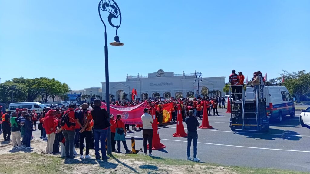 COSATU protestors gather in front of GrandWest Casino in Goodwood.