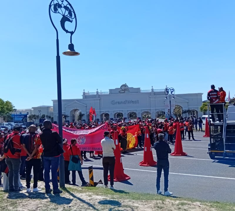 COSATU protestors gather in front of GrandWest Casino in Goodwood.